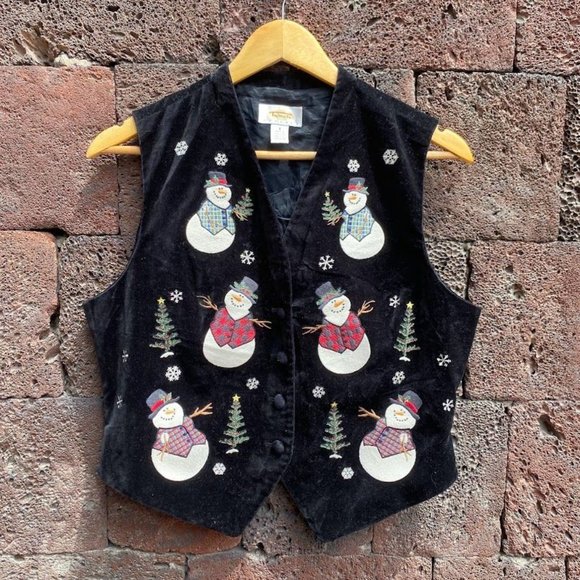 Talbots Other - Vintage Talbots Women's Christmas Tree Snowman Snow Flake Black Velour Vest